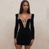 Glitzerndes Strass V-Ausschnitt Langarm Samt Party Minikleid - Schwarz